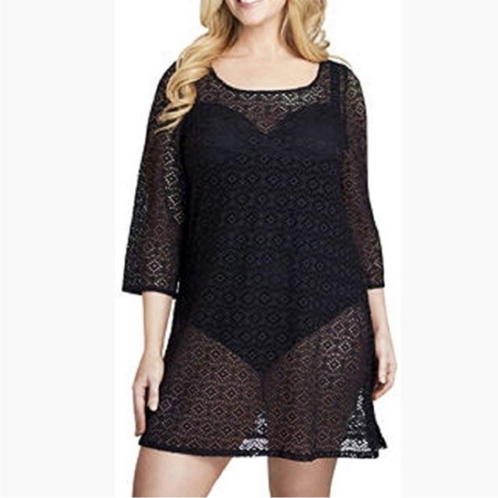 Miraclesuit Swim Cover Up Tunic Crochet Mesh‎ Black Large